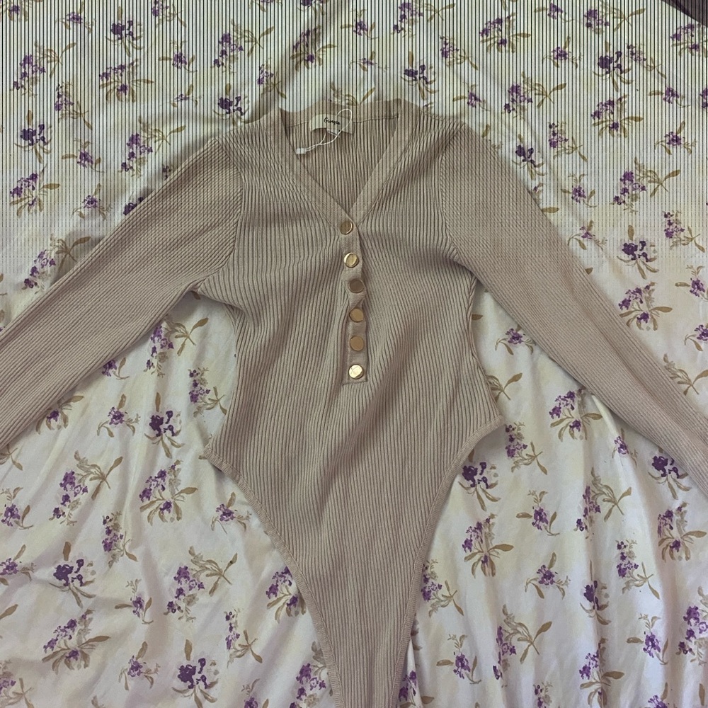Beige Long Sleeve Ribbed Bodysuit